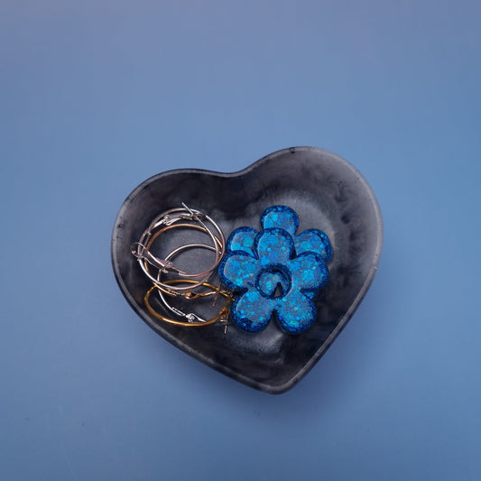 Porta-Joias e Suporte de Vela em Resina – Coração Marmorizado Preto e Cinza