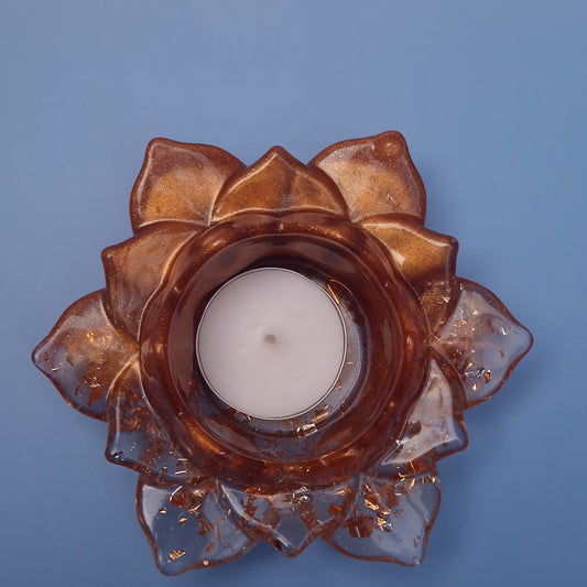 Suporte de Vela em Resina Epóxi — Flor de Lótus Caramelo com Folha  Cobre