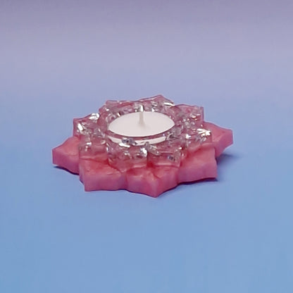Suporte de Vela Mandala em Resina Epóxi – Rosa com Folha Prateada