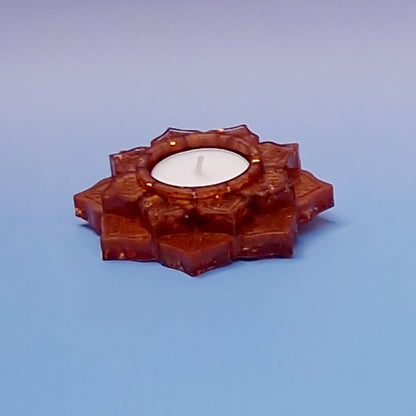 Porta-Velas em Resina Epóxi — Flor Caramelo com Folhas Douradas