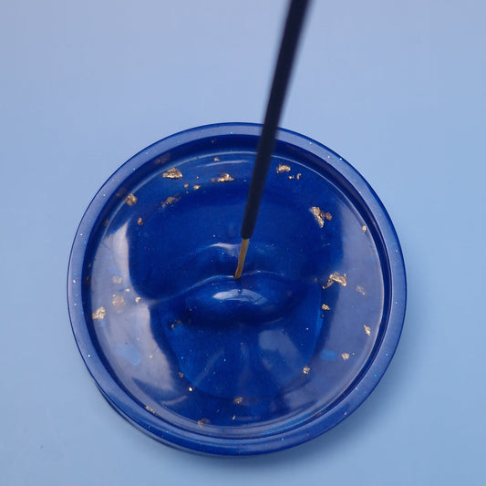 Porta-Incenso Boca Azul com Folhas Douradas