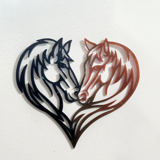 Decoração de parede holográfica em forma de coração com dois cavalos estilizados, peça decorativa artesanal