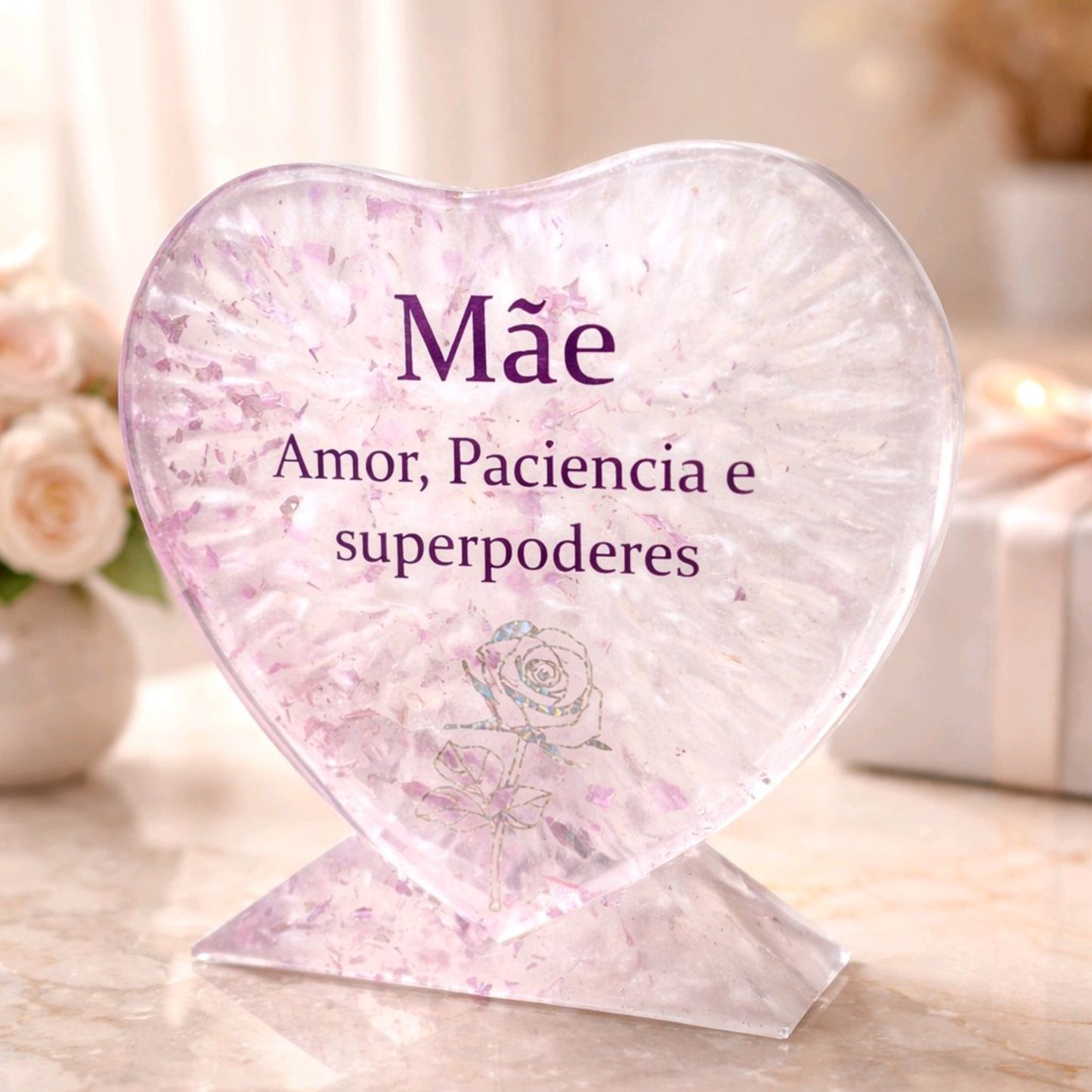 placa coração artesanal para mãe em resina translúcida com detalhes rosa e mensagem especial