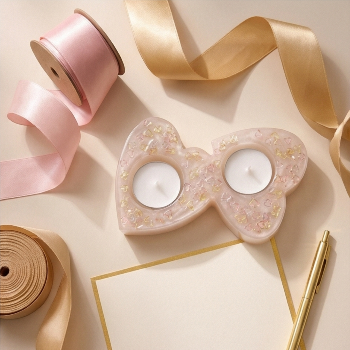 Porta velas decorativo em forma de laço com duas velas acesas sobre mesa de apoio elegante