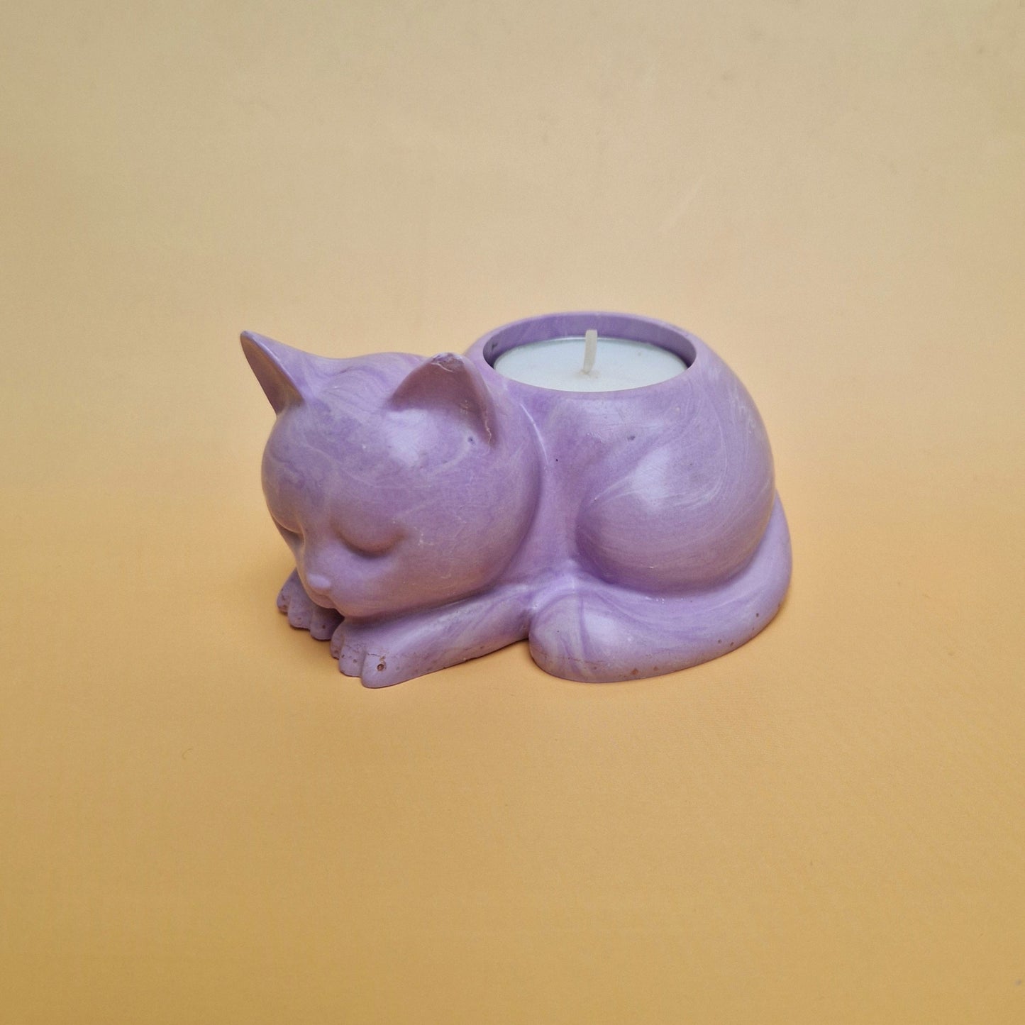 Porta-vela gato lilás marmorizado com vela tealight