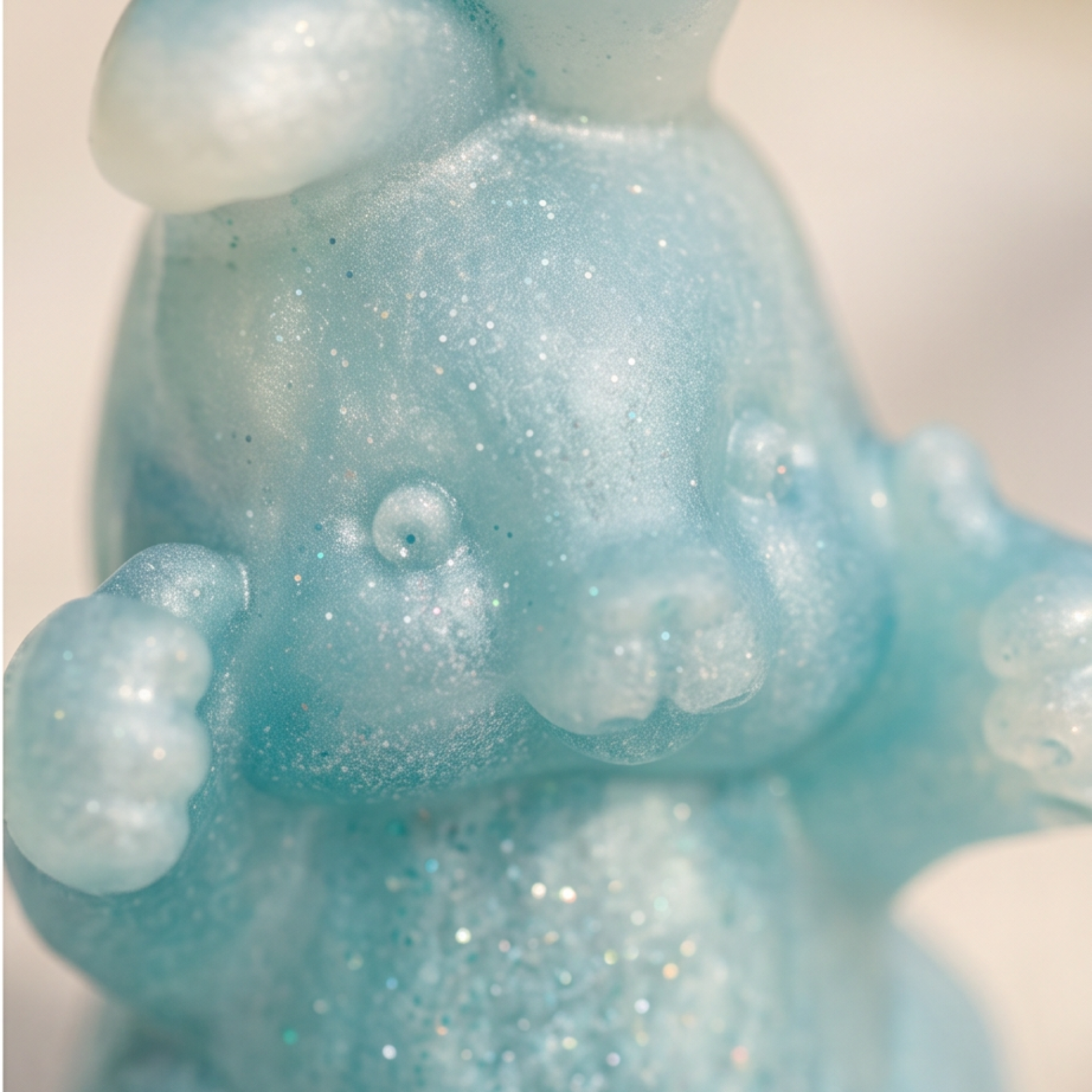 Detalhe do acabamento perolado e brilhante do abre-garrafas Bunny Joy em resina epóxi artesanal.