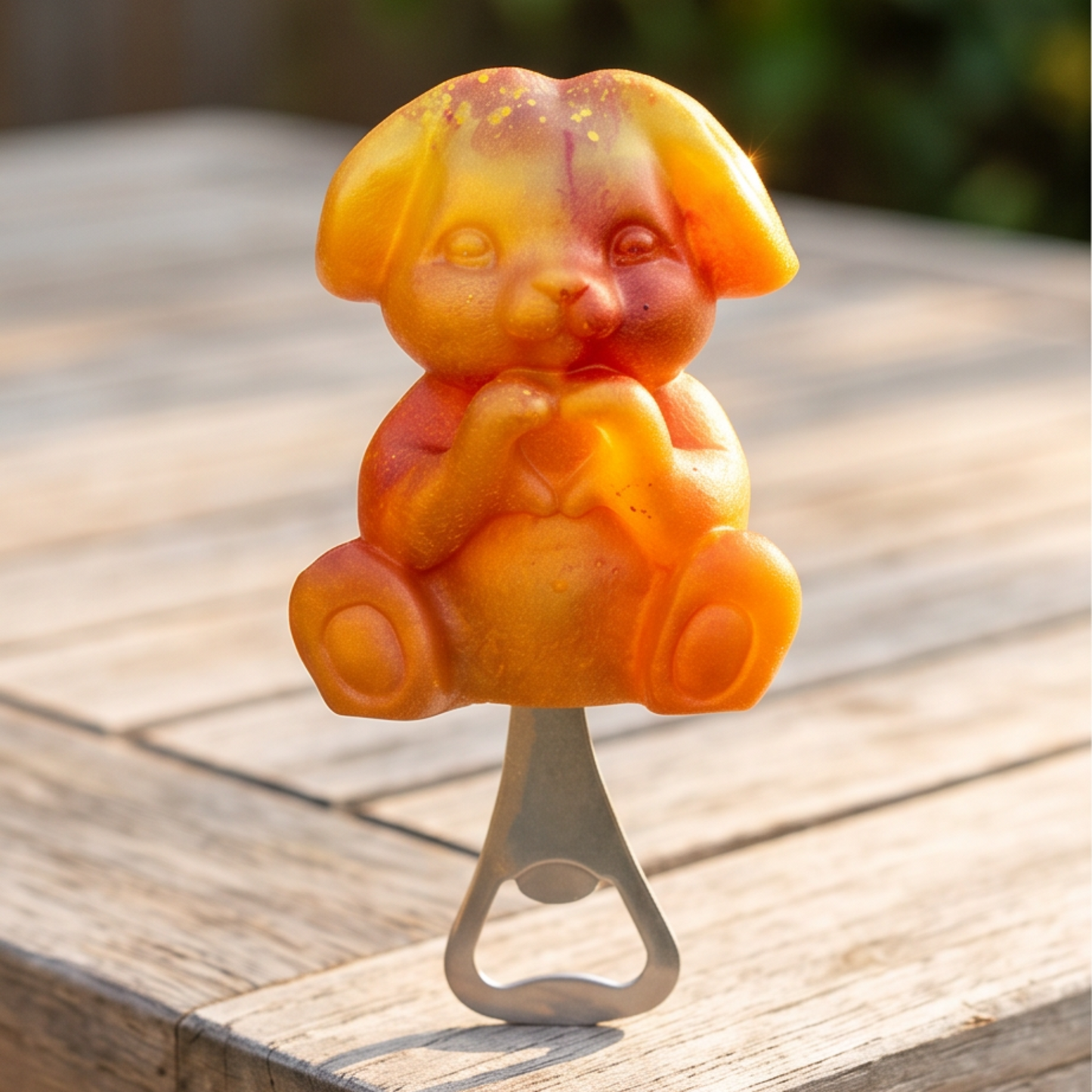 Abre-garrafas artesanal Bunny Love em resina epóxi com efeito perolado dourado, laranja e rosa, em forma de coelho com coração, Sweet Art.