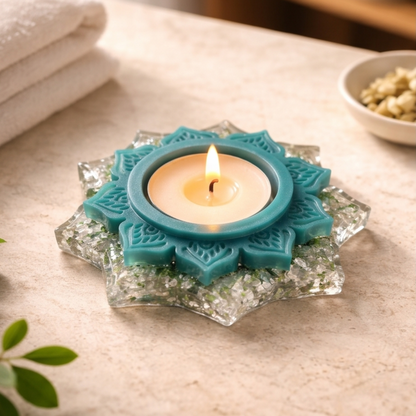 Suporte de Vela Mandala em Resina Epóxi – Verde com Folha Verde