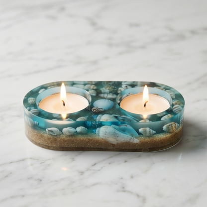 Suporte decorativo para 2 velas tealight com conchas e areia, peça artesanal de inspiração marinha para casa de banho