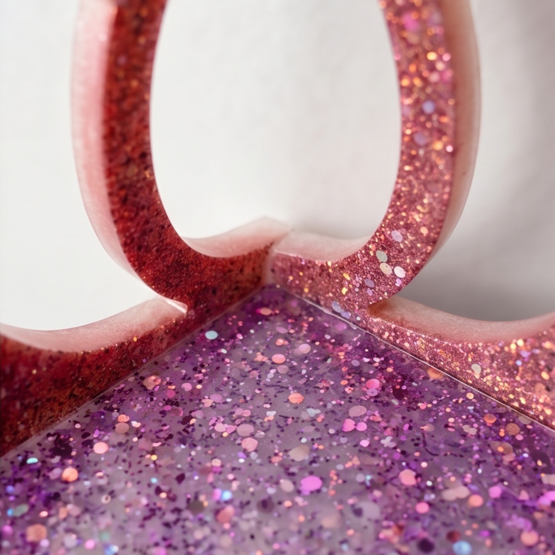 Detalhe de glitter multicolor em resina epóxi vermelha e lilás