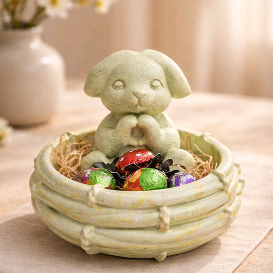 Conjunto Decorativo de Páscoa – Coelho Coração com Taça Ninho em Jesmonite