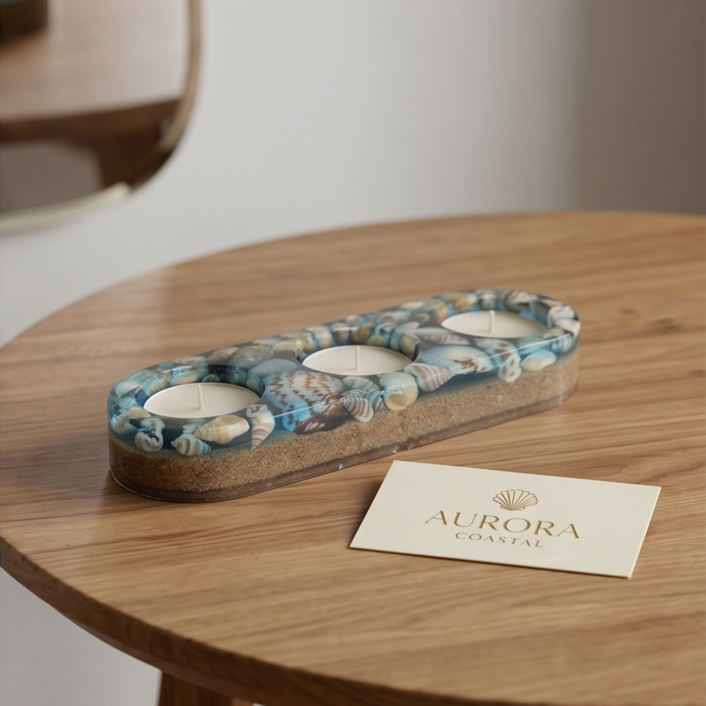 Suporte para 3 velas tealight em resina com conchas decorativas e base com efeito de areia