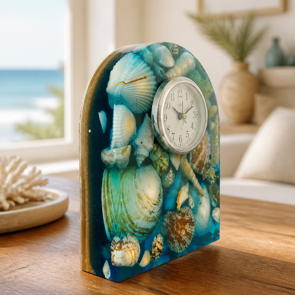 Relógio Decorativo em Resina Epóxi com Conchas