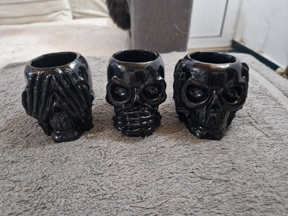 Conjunto de 3 Copos Caveira Decorativos – Não Vejo, Não Falo, Não Ouço