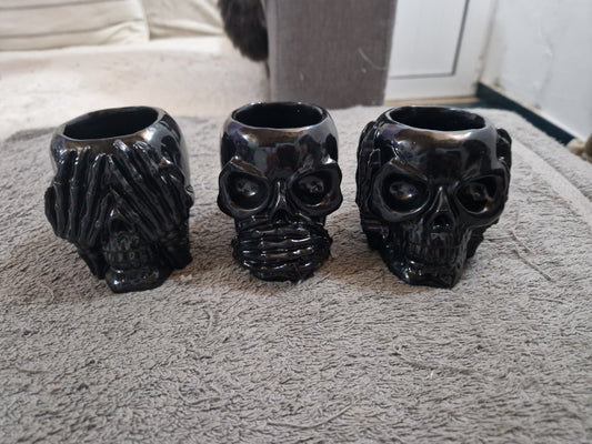 Conjunto de 3 Copos Caveira Decorativos – Não Vejo, Não Falo, Não Ouço