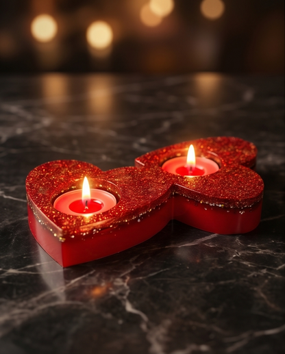 Porta-Velas Duplo em Forma de Coração – Glitter Vermelho e Dourado