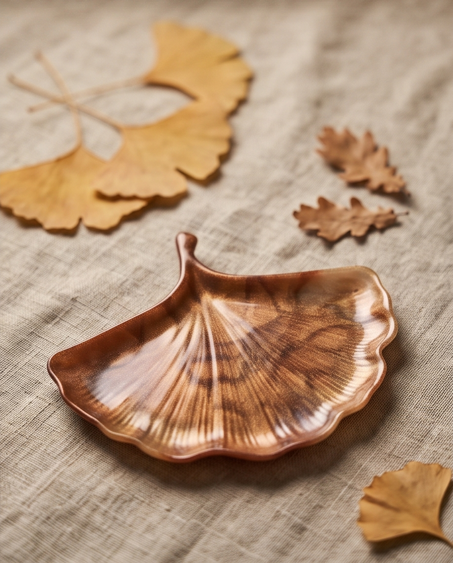Ginkgo Âmbar Dourado – Prato Decorativo em Resina Epóxi