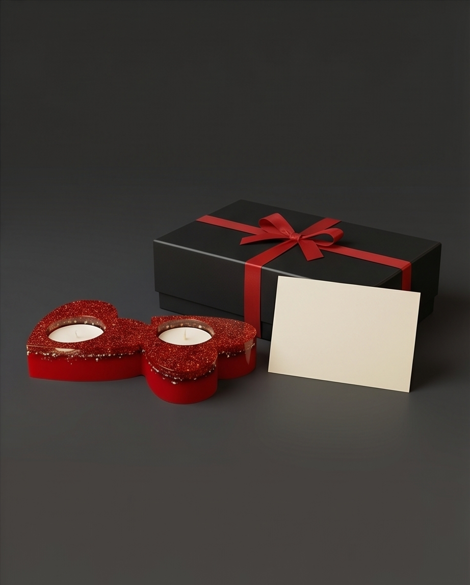 Porta-Velas Duplo em Forma de Coração – Glitter Vermelho e Dourado