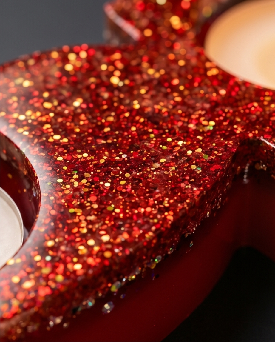 Porta-Velas Duplo em Forma de Coração – Glitter Vermelho e Dourado