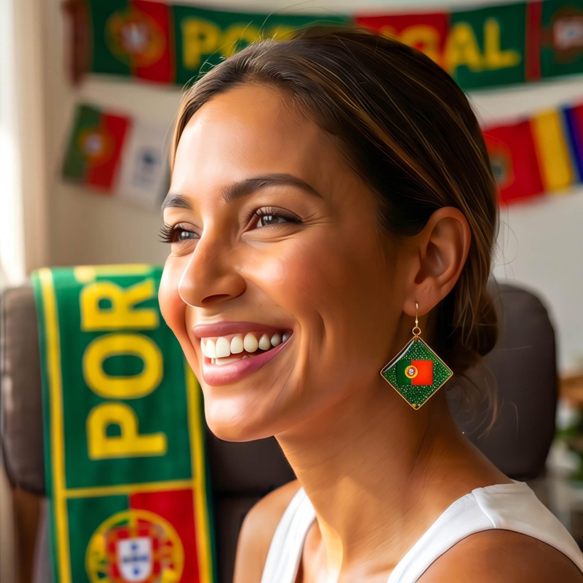 Manequim a usar brincos com Bandeira de Portugal em resina epóxi verde, edição limitada Sweet Art para apoiar Portugal no Mundial 2026.
