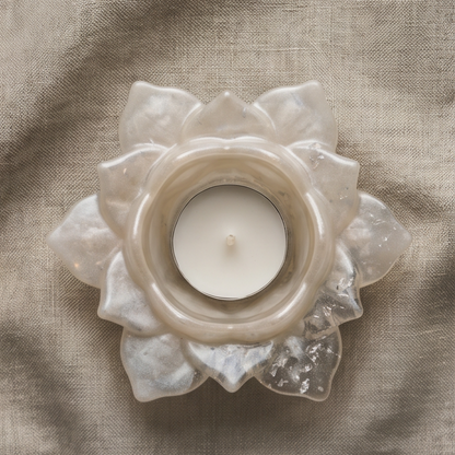 Porta-velas artesanal em forma de flor de lótus branco perlado com folha de prata, visto de cima com vela tealight.