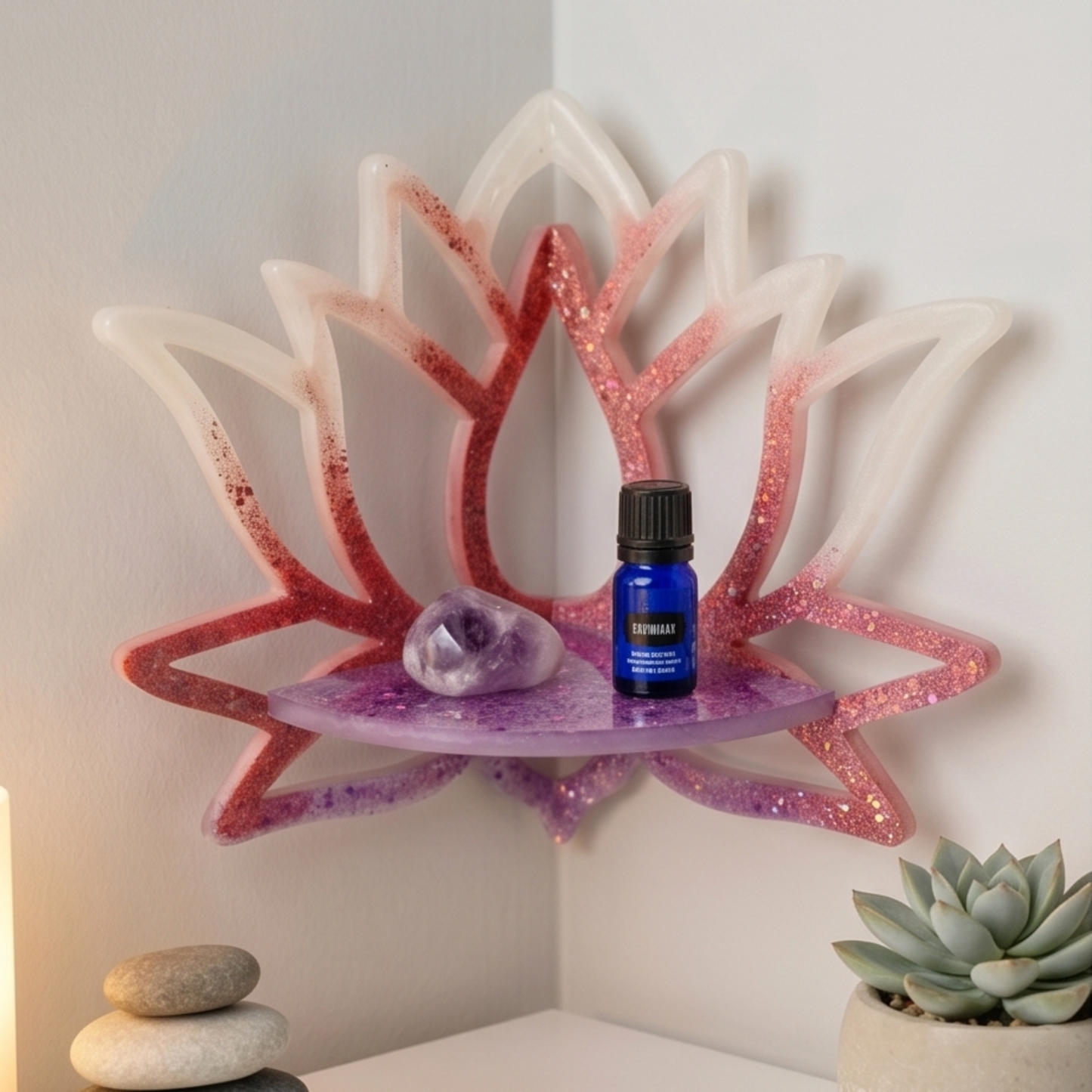 Prateleira flor de lótus em resina com cristais e óleo essencial em ambiente zen