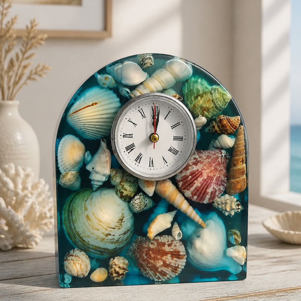 Relógio Decorativo em Resina Epóxi com Conchas