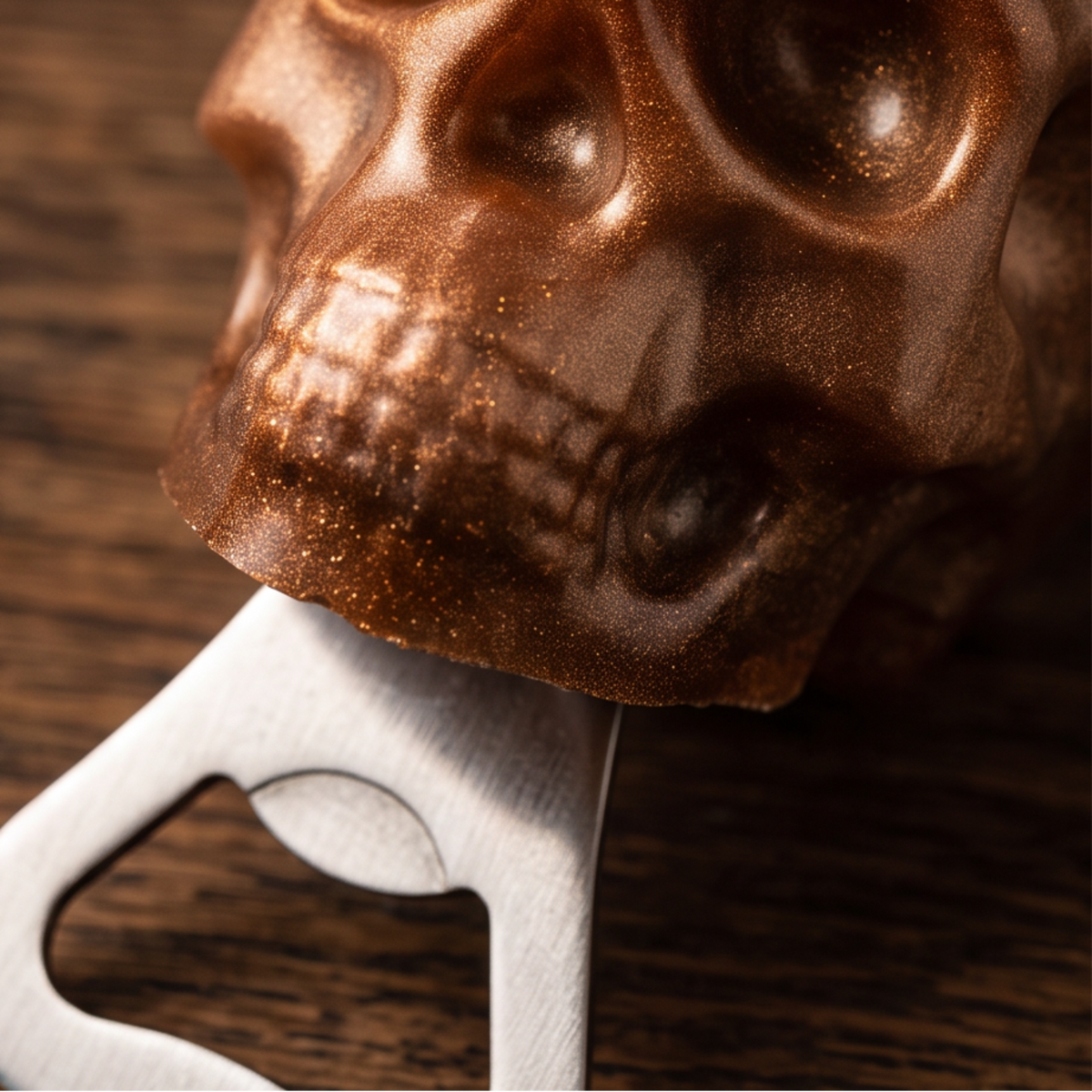 Close-up do abre-garrafas em forma de caveira, com acabamento cobreado brilhante em resina epóxi e abridor em aço inoxidável – Sweet Art.