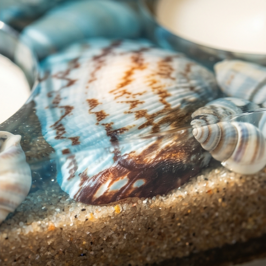 Detalhe de tabuleiro decorativo em resina com areia natural e conchas embutidas